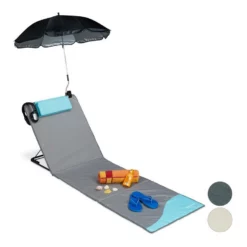 relaxdays Gartenliege »Strandmatte mit Sonnenschirm«, Grau