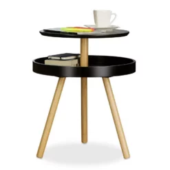 relaxdays Beistelltisch »Beistelltisch rund mit Ablage«, Schwarz Schwarz Hellbraun, Weiß Hellbraun