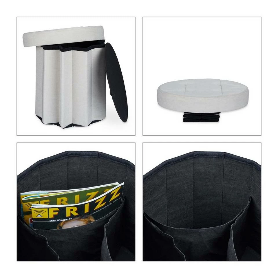 relaxdays Sitzhocker »Sitzhocker mit Stauraum Größe M rund«, Creme Anthrazit – Bild 5