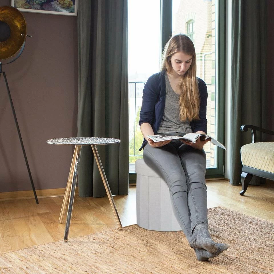 relaxdays Sitzhocker »Sitzhocker mit Stauraum Größe M rund«, Creme Anthrazit – Bild 2